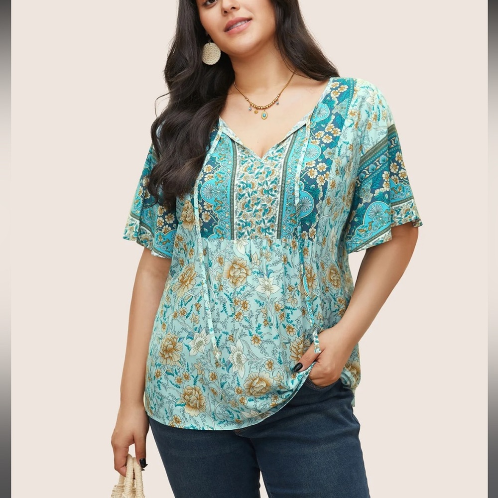 BloomChic Teal and Cream Floral Blouse